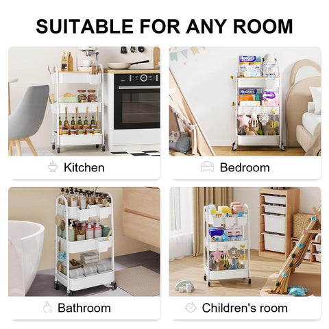 Four rolling cart setups for kitchen, bedroom, bathroom, and children's room showing Six Pack White Hanging Cup Holders For Rolling Carts With Six Cup Holders And Six Hooks Space Saving Utility Cart Accessories For Craft Carts Office And Kitchen Organization Grab And Go Cup Storage