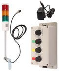 Industrial LED Andon Tower Lights Four Stack Signal Tower With Red Yellow Green LEDs IP65, control box and plug-n-play setup.