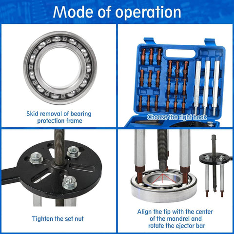 Diagram showing the 21 in1 Bearing Puller, Bearing Puller Set, Inner Hole Three-Jaw Puller with Curved Hook in a blue storage case.