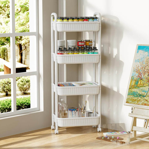 Four Tier Rolling Cart With Wheels For Kitchen Office Bedroom And Craft Storage Lightweight Yet Sturdy Utility Cart On Locking Casters White