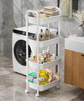 White Four Tier Rolling Cart With Wheels For Kitchen Office Bedroom And Craft Storage Lightweight Yet Sturdy Utility Cart On Locking Casters surrounded by cleaning supplies.