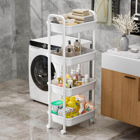 White Four Tier Rolling Cart With Wheels For Kitchen Office Bedroom And Craft Storage Lightweight Yet Sturdy Utility Cart On Locking Casters surrounded by cleaning supplies.