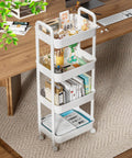 Four Tier Rolling Cart With Wheels For Kitchen Office Bedroom And Craft Storage Lightweight Yet Sturdy Utility Cart On Locking Casters White Perfect Go To Diaper Snack Tool Organizer For Home Use, pictured in an office setting, storing office supplies on four tiers.