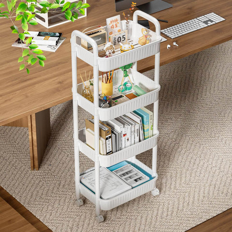 Four Tier Rolling Cart With Wheels For Kitchen Office Bedroom And Craft Storage Lightweight Yet Sturdy Utility Cart On Locking Casters White Perfect Go To Diaper Snack Tool Organizer For Home Use, pictured in an office setting, storing office supplies on four tiers.