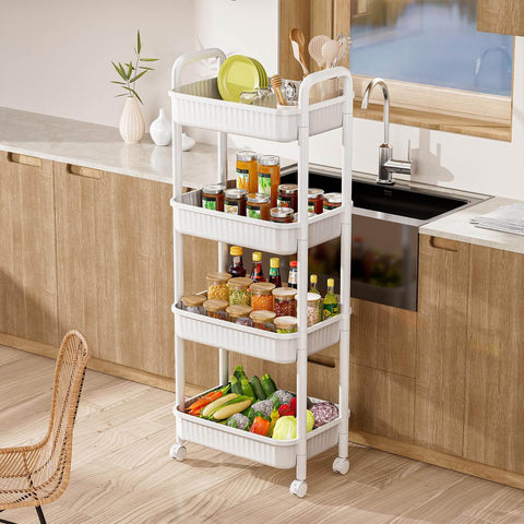 Four Tier Rolling Cart With Wheels For Kitchen Office Bedroom And Craft Storage Lightweight Yet Sturdy Utility Cart On Locking Casters White Perfect Go To Diaper Snack Tool Organizer For Home Use in kitchen setting with supplies.