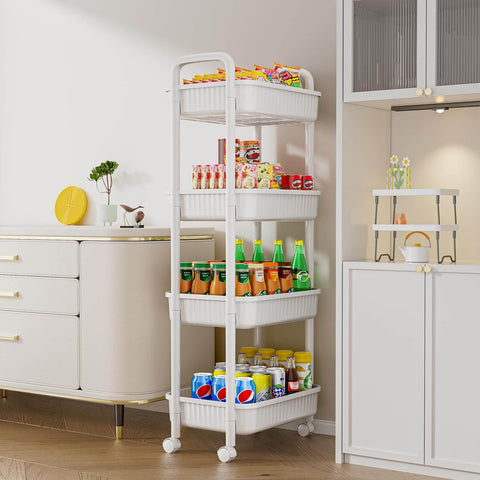 Four Tier Rolling Cart With Wheels For Kitchen Office Bedroom And Craft Storage Lightweight Yet Sturdy Utility Cart On Locking Casters White