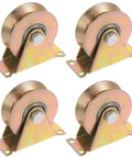 Four Piece 3 Inch V Groove Gate Caster Set With Bracket For Inverted V Track Rigid Wheel Castors With High Load Capacity Up To 1102 Lbs Per Wheel 500 Kg Galvanized Steel Construction For Garage Doors Lifting And Industrial Use.