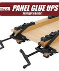 2 Pack Four Way Pressure Clamps for clamping panels from all directions by Peachtree Woodworking Supply, shown on a wooden board.