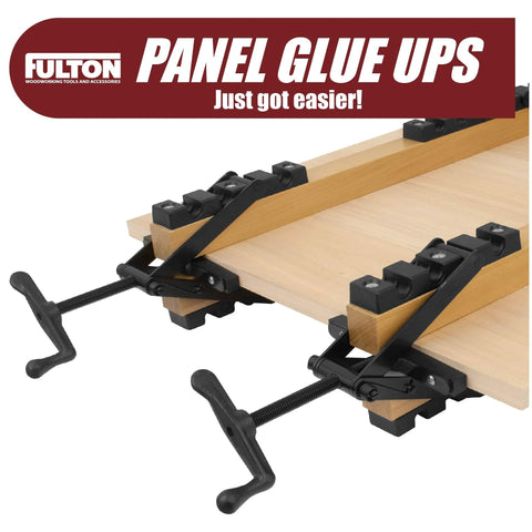 2 Pack Four Way Pressure Clamps for clamping panels from all directions by Peachtree Woodworking Supply, shown on a wooden board.