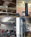 Four Wheel Trolley Assembly With Roller Bearings for Unistrut Channel One and Five Eighths Inch Wide installed in various settings.