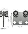 Four Wheel Trolley Assembly With Roller Bearings for Unistrut Channel, steel plate, with dimensions shown