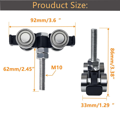 Four Wheel Silent Trolley Rollers Assembly For Unistrut Channel With Hidden Bolt Design dimensions illustration