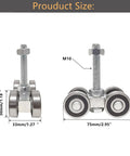 Front and side view of Four Wheel Trolley Assembly With Silent Rolling, M10 Bolt, fits 1-5/8 inch wide strut channel, pack of two