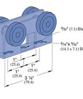 Diagram of Four Wheel Light Duty Trolley Assembly With 600 Lb Capacity, Roller Trolley For Use With All One And Five Eighths Inch Or Taller Strut Channel, featuring dimensions and slots.