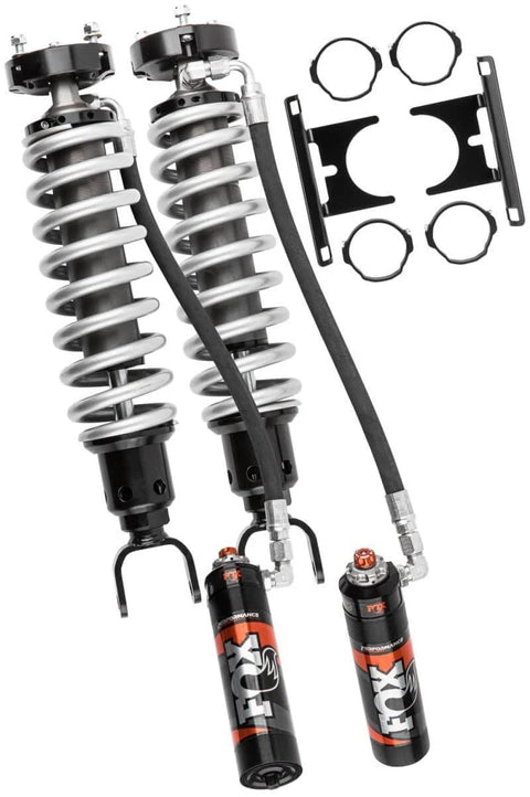 Fox Factory Front Coilover Shock Absorbers 883-06-166 for Ram 1500, black finish, 2.5-inch travel, shown with mounting kit.
