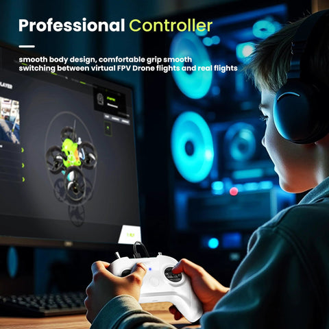 Child using FPV Drone Simulator Controller For Beginners With 8 Channel Metal Joysticks, watching drone simulation on PC.