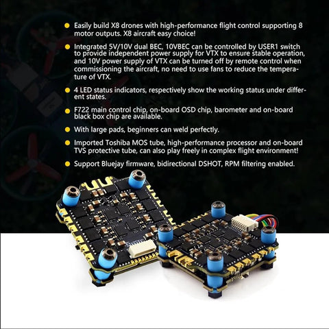 F722 FPV Flight Controller Stack With ICM42688P Sensor And 60A 4in1 ESC 30x30mm 2-6S for freestyle drones, side view