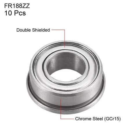 FR188ZZ Flanged Ball Bearing One Quarter Inch Bore One Half Inch Outer Diameter Three Sixteenth Inch Thick Double Shield Chrome Steel