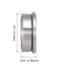 Side view of FR188ZZ Flanged Ball Bearing, 1/4 inch bore, 1/2 inch diameter, 3/16 inch thick, chrome steel, with dimensions.