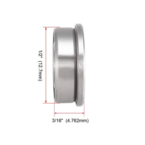 Side view of FR188ZZ Flanged Ball Bearing, 1/4 inch bore, 1/2 inch diameter, 3/16 inch thick, chrome steel, with dimensions.