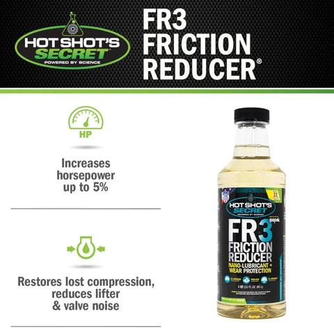 FR3 Friction Reducer Nano Lubricant With Wear Protection For Metal Surfaces 32 Oz bottle displayed with benefits text
