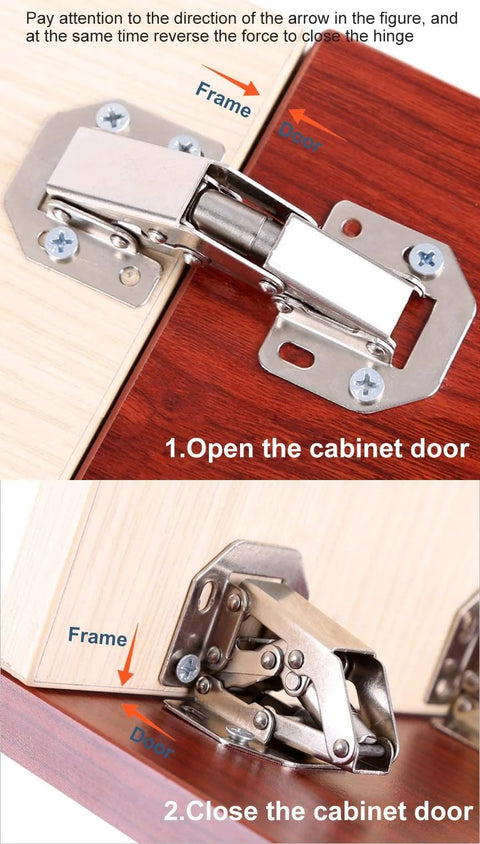 Installation of Hidden Frameless Cabinet Hinges 4 Pack DOBOGA Concealed 90 Degree Surface Mount on cabinet door, open and close view