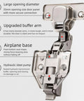 Close-up of 2pack Fully Covered American Style 105 Degree Frameless Cabinet Hinges with labels highlighting features and soft close functionality.