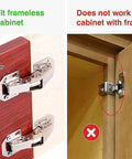 Hidden Frameless Cabinet Hinges 4 Pack DOBOGA showing correct and incorrect installations on frameless and framed cabinets with nickel finish.