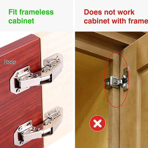 Hidden Frameless Cabinet Hinges 4 Pack DOBOGA showing correct and incorrect installations on frameless and framed cabinets with nickel finish.