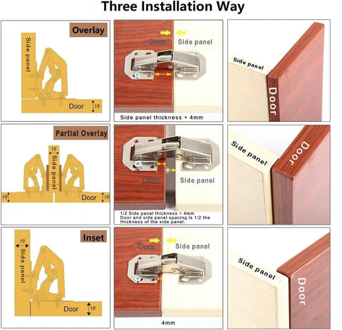 Installation methods for Hidden Frameless Cabinet Hinges 4 Pack DOBOGA Concealed 90 Degree Surface Mount Hinges with diagrams.