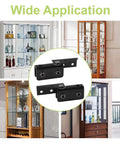 Collage of black 8 Pack Frameless Glass Door Pivot Hinges Clamp shown with glass cabinet applications