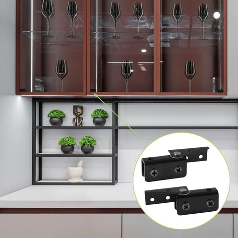 8 Pack Frameless Glass Door Pivot Hinges Clamp for 5 to 8mm Glass shown with wine cabinet and anti-slip pads