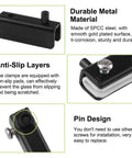 Close-up of black frameless glass door pivot hinges with anti-slip layers and pin design for 3-5mm glass, showcasing durable metal material.