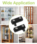 Frameless Glass Door Pivot Hinges 4 Pairs Adjustable Cabinet Door Clamps in black, showing wide application on various glass cabinets.