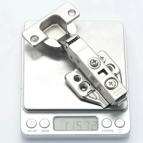 2pack Fully Covered American Style 105 Degree Frameless Cabinet Hinges weighing 115.72g on digital scale