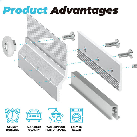 Exploded view of Frameless Shower Door Top Bracket Roller Assembly Set Four Replacement Wheels For Glass Up To One Quarter Inch.