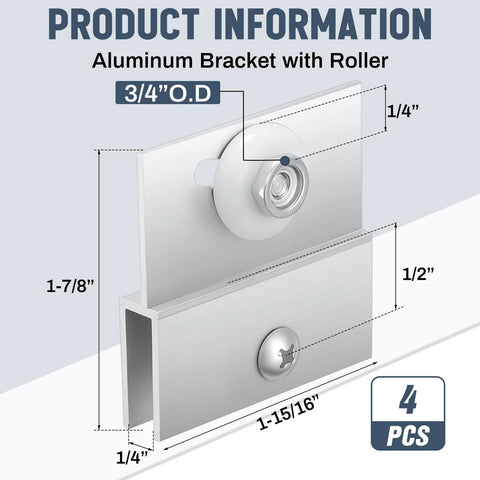 Diagram of 4 pcs M 6054 frameless shower door rollers top bracket assembly with dimensions and 3/4 inch round wheel, chrome finish.