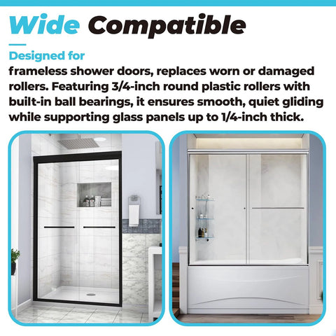 Frameless Shower Door Top Bracket Roller Assembly Set Four Replacement Wheels for glass up to one quarter inch installed