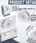 2 Pcs M 6145 Frameless Shower Door Roller Top Bracket Assembly with 3/4 in round plastic wheel, shown in product details