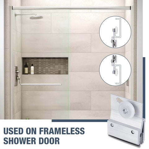 2 Pcs M 6145 Frameless Shower Door Roller Top Bracket Assembly shown installed on glass shower door