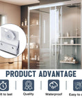 2 Pcs M 6145 Frameless Shower Door Roller Top Bracket Assembly with 3/4 in round plastic wheel, quality and advantages displayed in bathroom setting