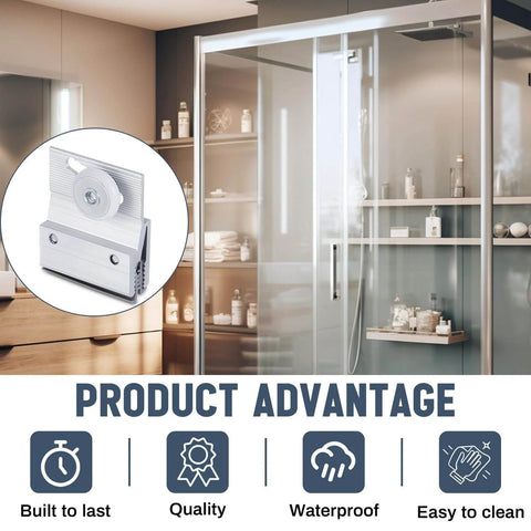 2 Pcs M 6145 Frameless Shower Door Roller Top Bracket Assembly with 3/4 in round plastic wheel, quality and advantages displayed in bathroom setting