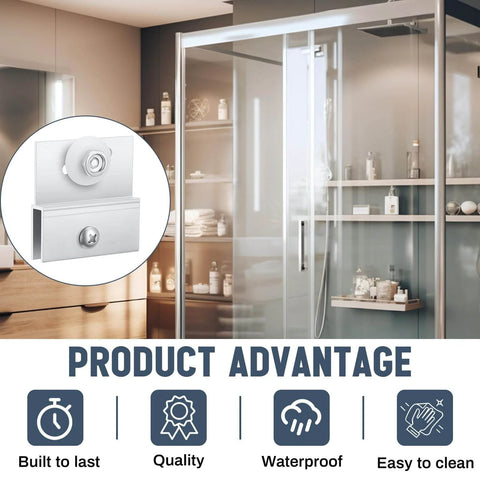 Modern bathroom with shower featuring 2 pcs M 6054 frameless shower door rollers top bracket assembly with 3/4 inch round plastic wheel.