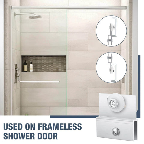 4 pcs M 6054 frameless shower door rollers top bracket assembly with 3/4 inch round wheel installed on glass door