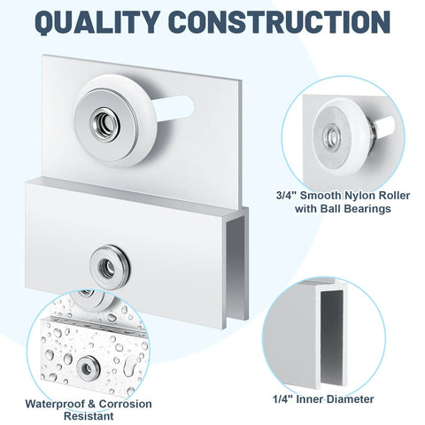 Four Pcs M 6054 Frameless Shower Door Rollers with Adjustable Top Bracket, 3/4 Inch Wheel, Aluminum Ball Bearing.