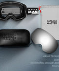 Frameless Ski Goggles With Interchangeable Lenses And UV400 Protection shown with case, pouch, and extra lens