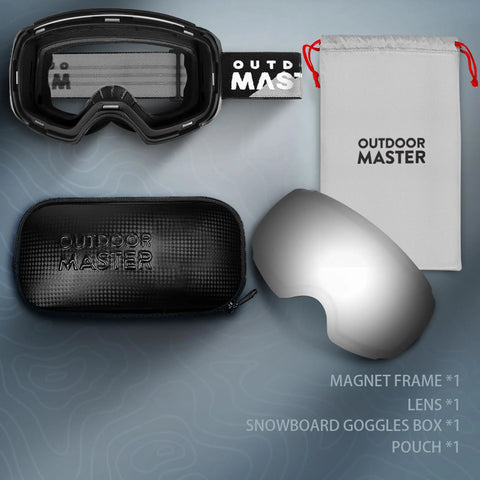 Frameless Ski Goggles With Interchangeable Lenses And UV400 Protection shown with case, pouch, and extra lens