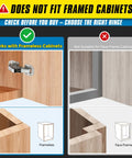 Diagram showing Two Pack Soft Close Hidden Cabinet Hinges for frameless kitchen cabinets, not suitable for face frame cabinets.