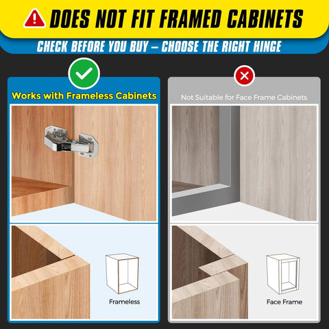 Diagram showing Two Pack Soft Close Hidden Cabinet Hinges for frameless kitchen cabinets, not suitable for face frame cabinets.