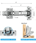 Diagram of 2 Pack Frameless Full Overlay 175 Degree Soft Close Lazy Susan Hinges with measurements and side view panel illustration.
